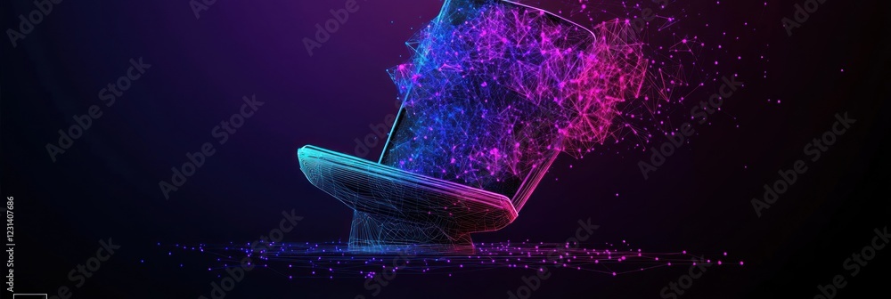 Poster abstract digital art of a spinning top disintegrating into particles.