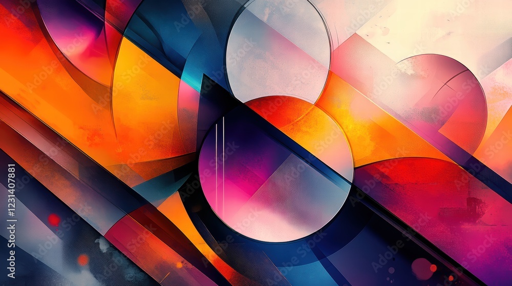 Poster a colorful abstract digital art composition with overlapping shapes and bold color gradients, creati
