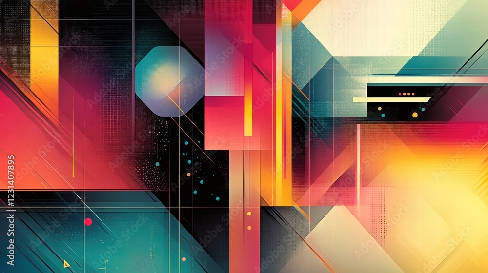Poster a colorful abstract digital art composition with overlapping shapes and bold color gradients, creati