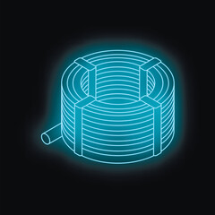 Neon blue cable wire roll glowing on black background, representing technology, electricity, and industrial materials