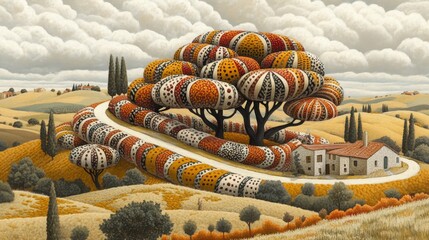 Surreal Landscape with a Winding Road Encircling a Multi-Trunk Tree