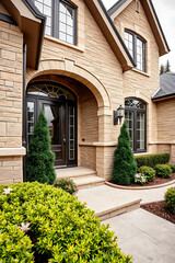 Elegant Brick Home Exterior with Landscaped Entrance.  Luxury Real Estate. Stunning curb appeal and architectural design.  Perfect for showcasing high-end residential properties.