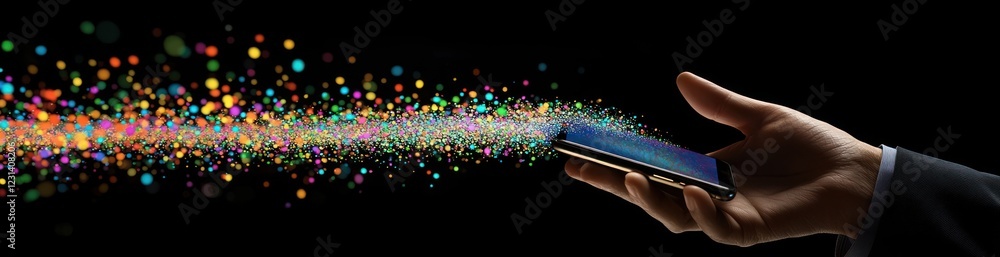 Poster hand holding smartphone with colorful light trails emanating from the screen, symbolizing data or in