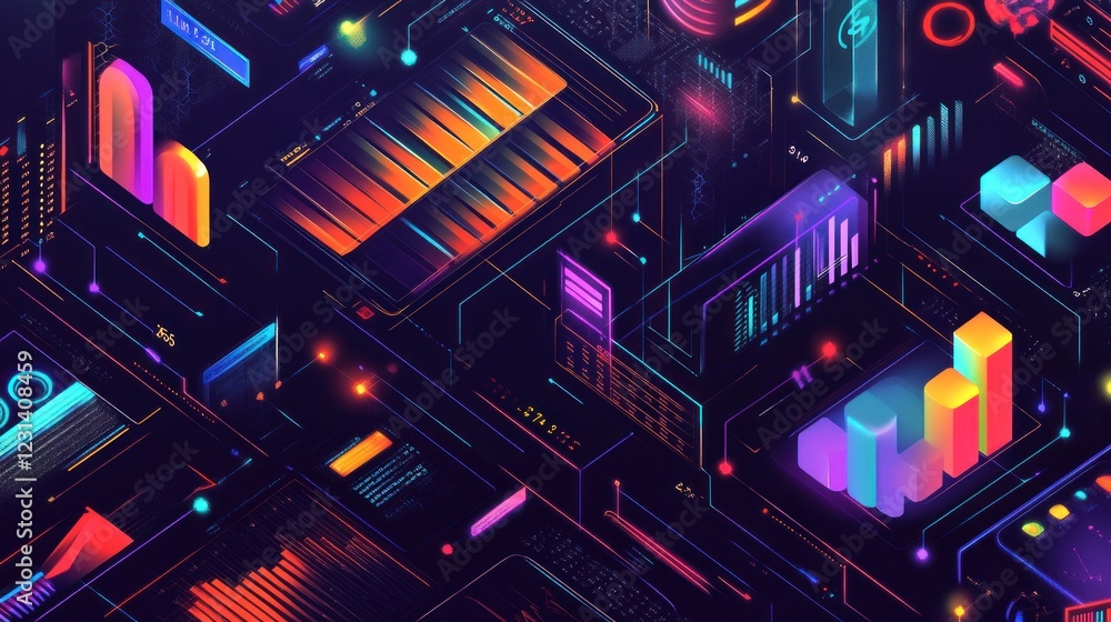 Aufkleber abstract isometric illustration of data visualization, charts, and graphs on a circuit board.