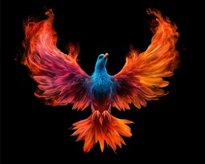 Obraz premium A vibrant phoenix with fiery wings, showcasing a spectrum of colors against a black background, symbolizing rebirth and transformation.