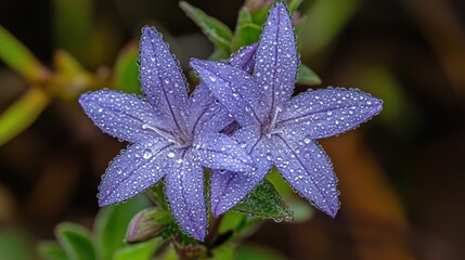 Two delicate light purple flowers covered in morning dew.