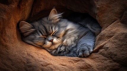 Fluffy grey cat peacefully sleeping curled up inside a cozy rock crevice.