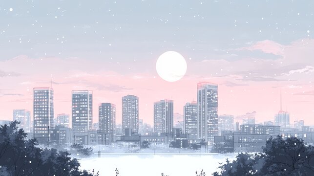 Serene Winter Cityscape at Dusk Under a Full Moon