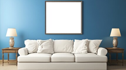 A stylish living room featuring a mock-up blank poster frame on a blue wall, with a sofa, end tables, and lamps creating a cozy and modern ambiance