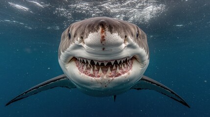 Great white shark underwater close-up, showing teeth and mouth.