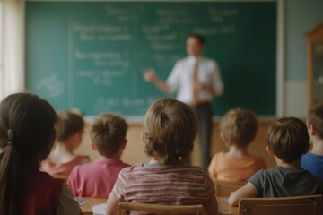 Children listening to teacher in classroom with chalkboard in background. School lesson.