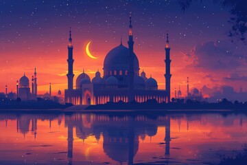 Stunning sunset view featuring a mosque silhouette against a colorful sky and tranquil landscape