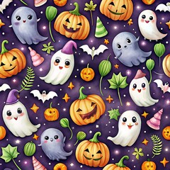 Halloween themed pattern with ghosts, bats, and pumpkins. Seamless pattern