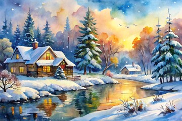 Painting of a house and a river with snow on the ground. Watercolor