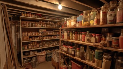 Naklejka premium A dimly lit basement pantry with numerous glass jars filled with various spices and food items on wooden shelves.
