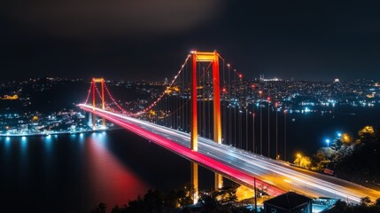 Obraz premium Illuminated suspension bridge at night with light trails from traffic.