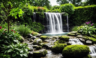 Backyard Waterfall and Stream with Natural Rock Formations &ndash; Peaceful Landscape Design for a Cozy Outdoor Escape