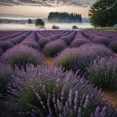 Obraz premium A breathtaking view of lavender fields with a soft mist.