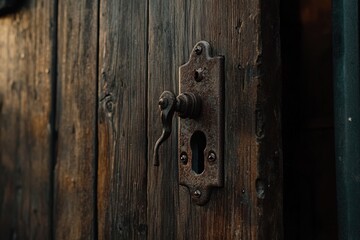 Fototapeta premium Close-up of rustic, aged wooden door with antique metal handle and keyhole.