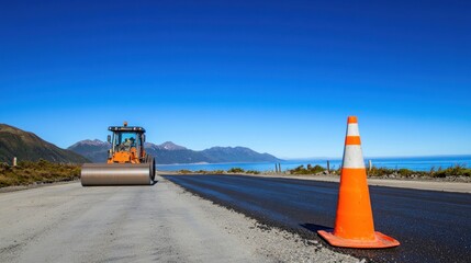 A road roller works on a freshly paved road near a scenic coastal landscape.