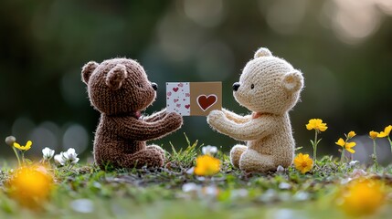 Two adorable teddy bears exchange a heartfelt card amidst a field of flowers, embodying friendship and love in a charming setting.