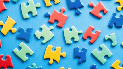 A vibrant blue background with themed colorful puzzle pieces, ideal for educational, corporate, or interactive content about problem-solving and learning
