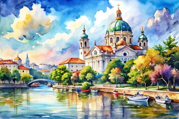 Painting of a city with a church and a bridge. Watercolor