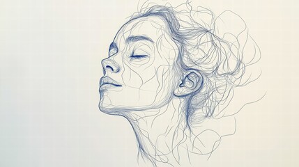 Continuous line drawing showing the facial features of a woman, showing her features with a single, discontinuous line on a white background.