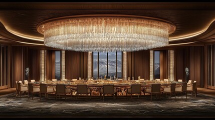 Obraz premium Luxurious dining room, mountain view, chandelier, banquet