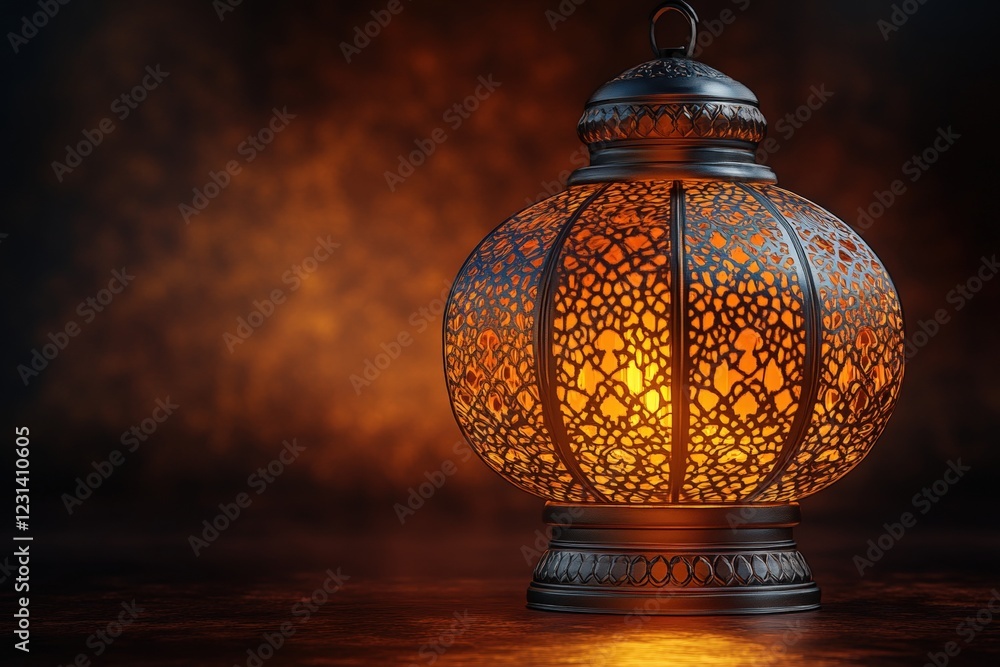 Poster lit candle with intricate pattern casting warm light and shadows on a dark surface