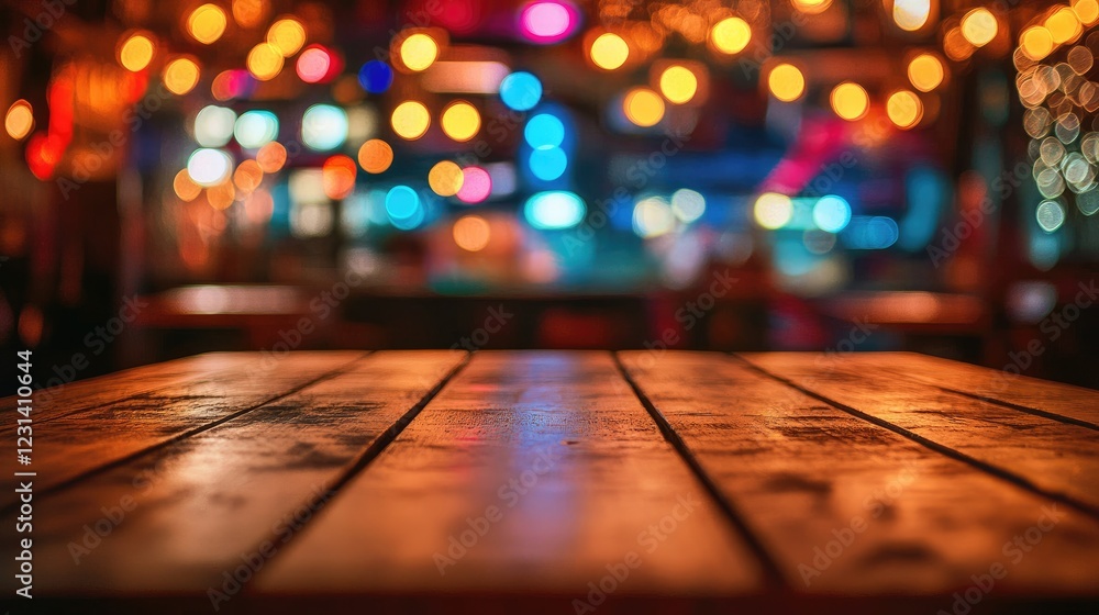 Poster A vibrant Miami bar scene with an empty wooden table for product display, featuring rainbow-colored bokeh lights and a lively atmosphere