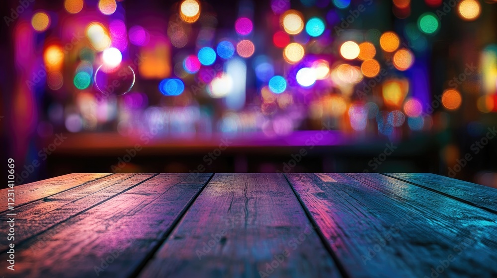 Aufkleber a vibrant miami bar scene with an empty wooden table for product display, featuring rainbow-colored 