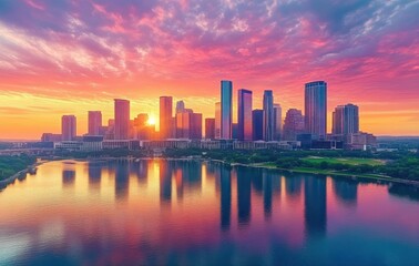 Fototapeta premium Austin Skyline at Sunset Aerial View of Modern City Architecture and Colorado River