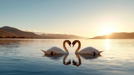 Fototapeta premium Two swans create a heart shape with their necks while floating serenely on a tranquil lake at sunset, reflecting a peaceful and romantic atmosphere.