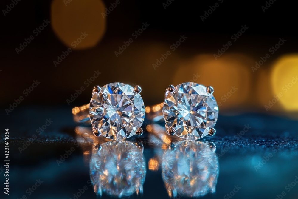 Poster close-up of sparkling diamond stud earrings on a reflective surface with bokeh background.