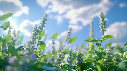 Close-up View of Blooming Chia Plants with a Blue Sky and Soft Clouds in Background
