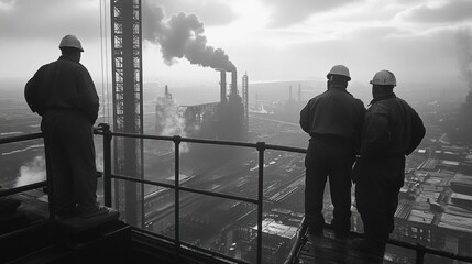 Fototapeta premium Construction managers standing on a scaffolding platform, overlooking the factory site.