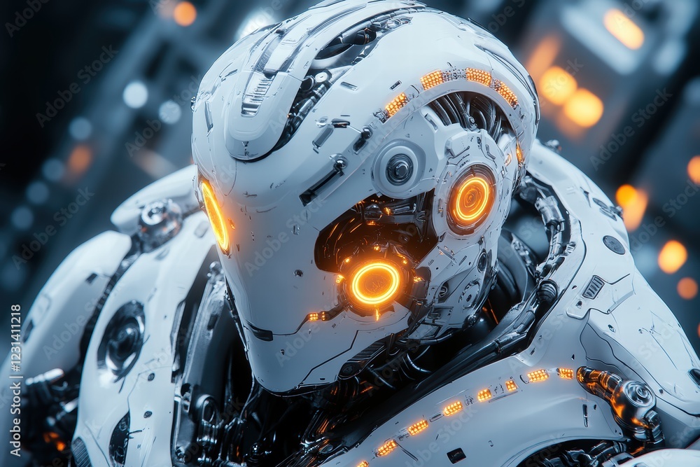 Aufkleber a detailed 3d model of a mechanical robot with intricate parts and glowing lights, set against a dar