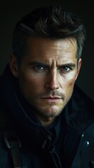 A detailed headshot of a man with piercing eyes and short, clean-shaven facial features, dressed in a dark jacket.