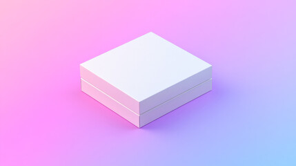 A pristine white box sits on a pastel pink and blue background. Minimalist product display.
