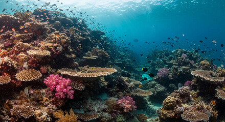 Obraz premium Stunning Underwater Coral Landscape: A breathtaking view of coral formations in clear blue water, showcasing the vibrancy of underwater ecosystems.