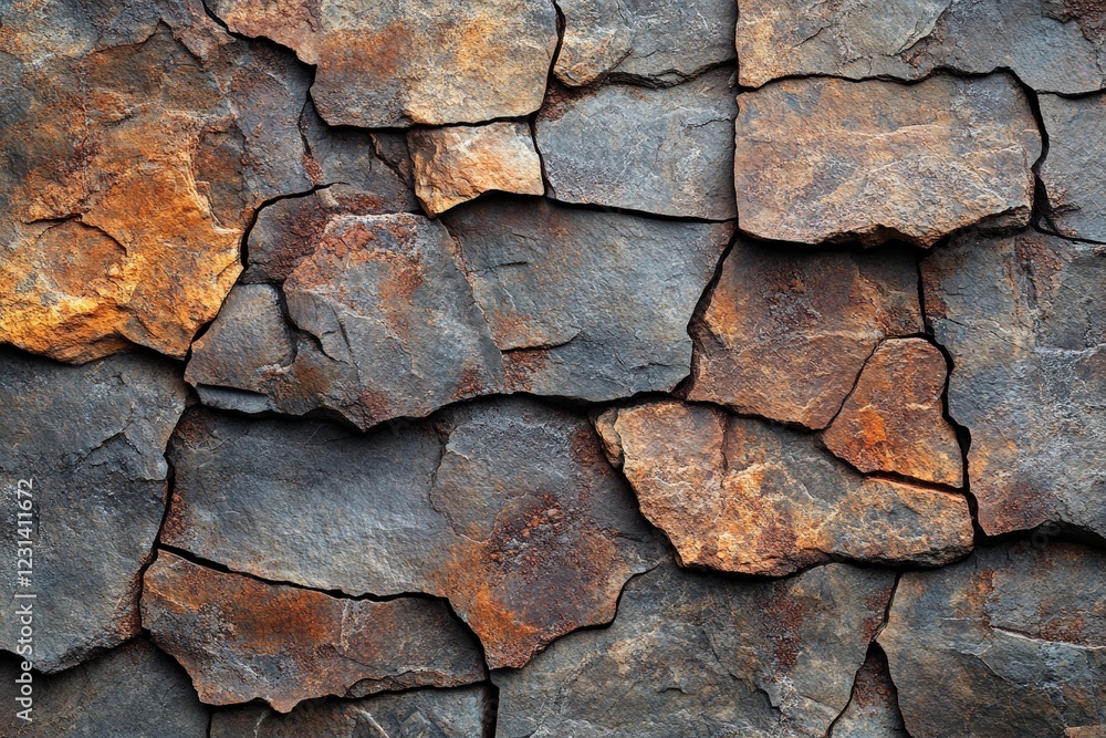 Poster close up of a textured rock wall with various shapes and colors in natural setting
