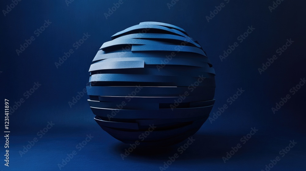 Poster an abstract blue geometric sphere sliced into layered pieces, set against a dark blue background, co