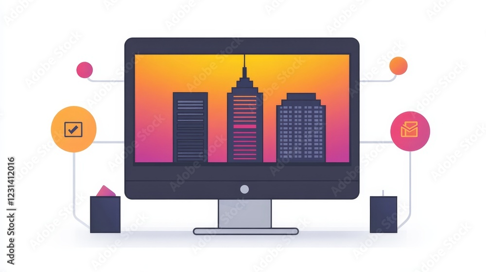 Poster digital cityscape displayed on a desktop computer connected to various nodes