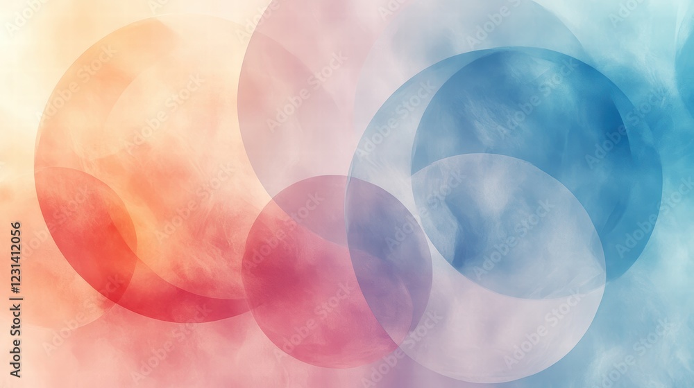 Poster a digital abstract piece with circular patterns and soft gradients of pastel colors, creating a drea