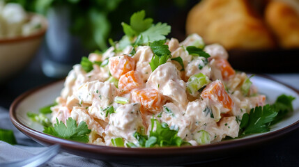 Scrumptious Chicken Salad: Fresh, Crisp Veggies, Wholesome Goodness, Upscale Presentation eat food  