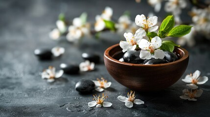 Zen still life with black stones and cherry blossoms in a wooden bowl, peaceful wellness