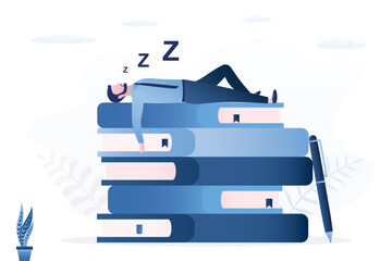 Tired student lying on stack of textbooks and sleep. Male character feeling overwhelmed by demands of studying and emotional pressure to succeed academically.