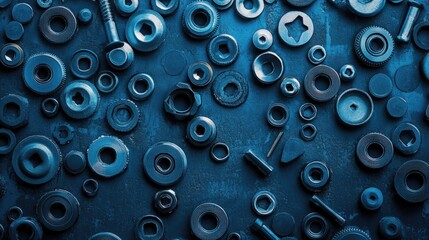 An organized pattern of nuts and bolts arranged neatly on a flat surface, ideal for a technical or mechanical-themed background