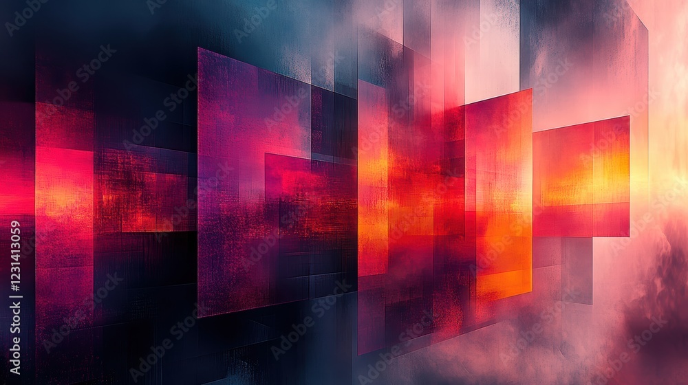 Poster a digitally manipulated abstract art piece with geometric forms and vibrant gradients, creating a dy